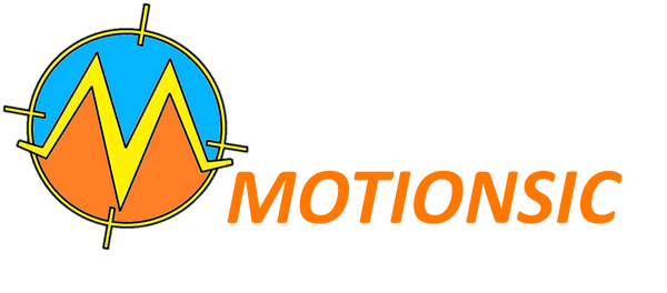 Motonsic logo with company name "MOTIONSIC"- crosshair design with stylized capital "M" in the middle with blue sky and orange ground divided by the "M" 